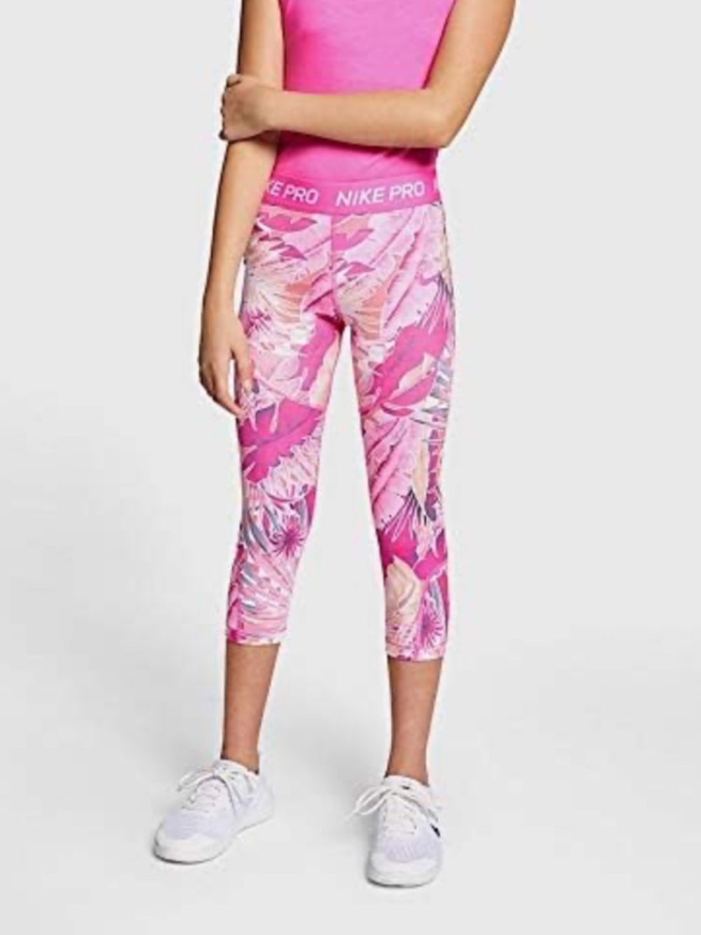 Nike Pro Dri-FIT Girls Pink Tropical Palm Print Cropped Athletic Leggings Size M